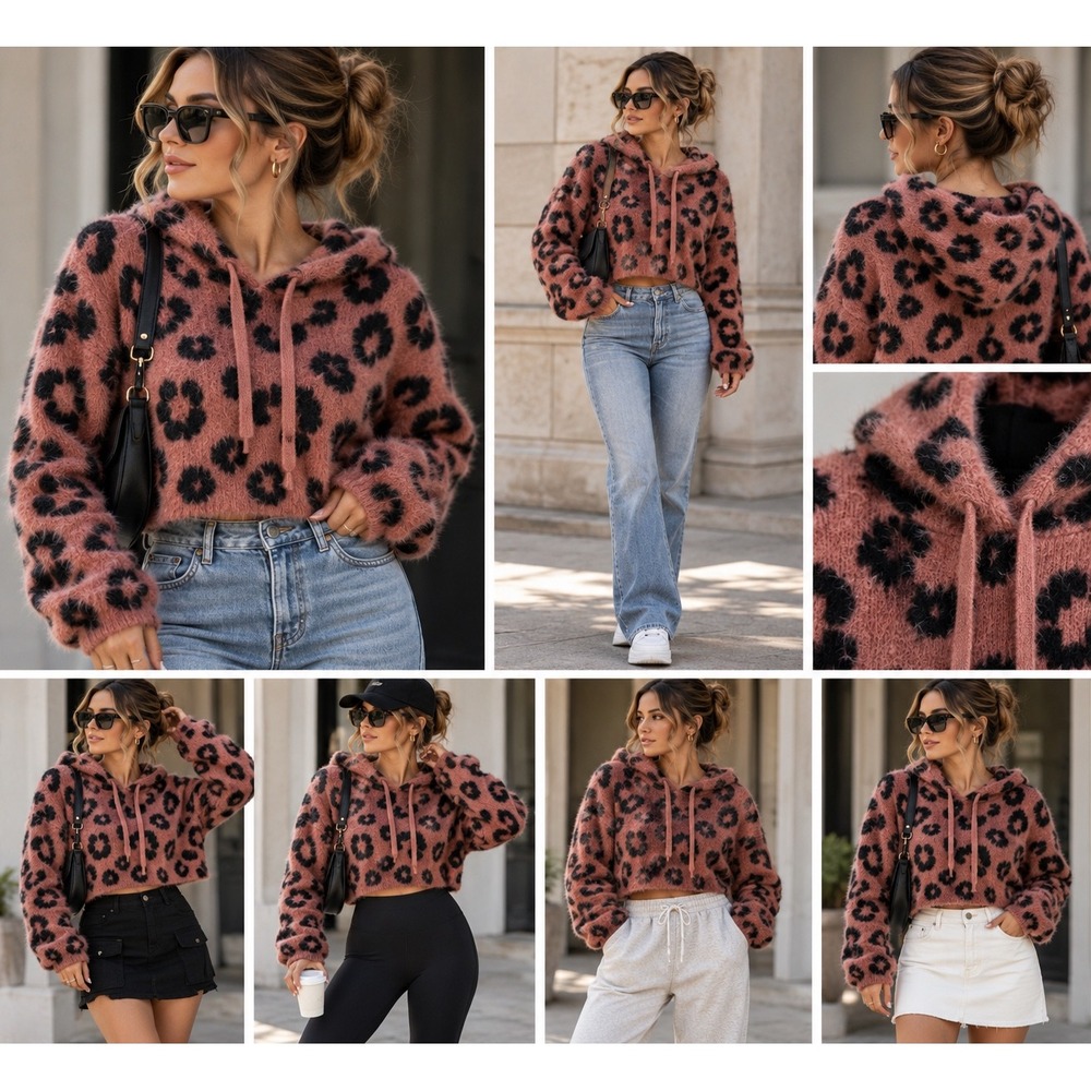 Victorias Secret PINK Leopard Print Cropped Hoodie Fuzzy Eyelash Knit Pink Small